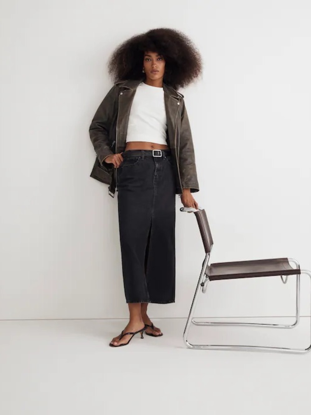 madewell black denim mid rise midi skirt
